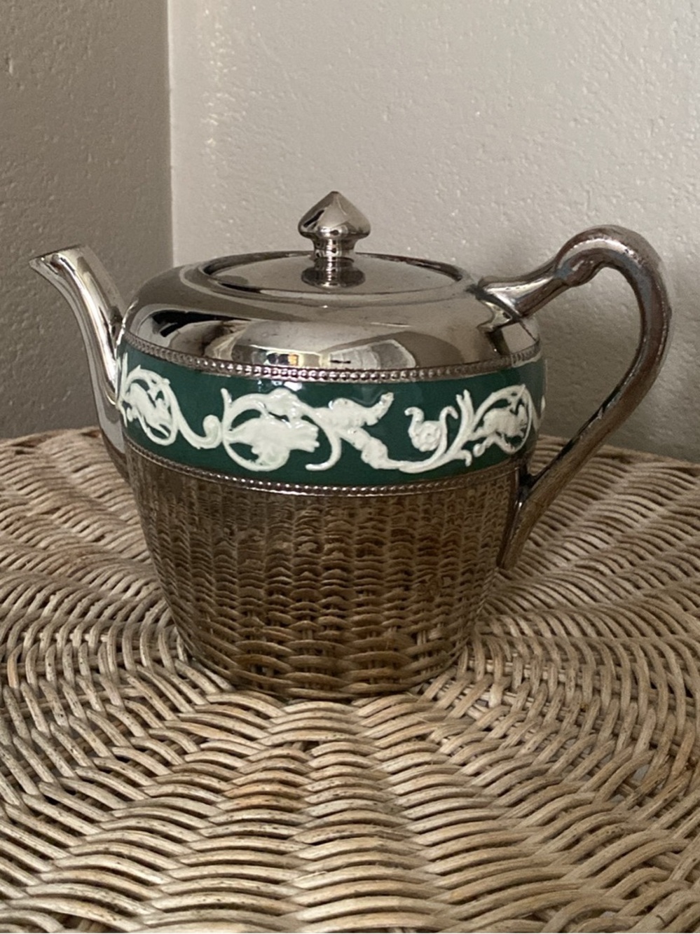 Vintage Silver Teapot with Jadeite and White Scroll Band